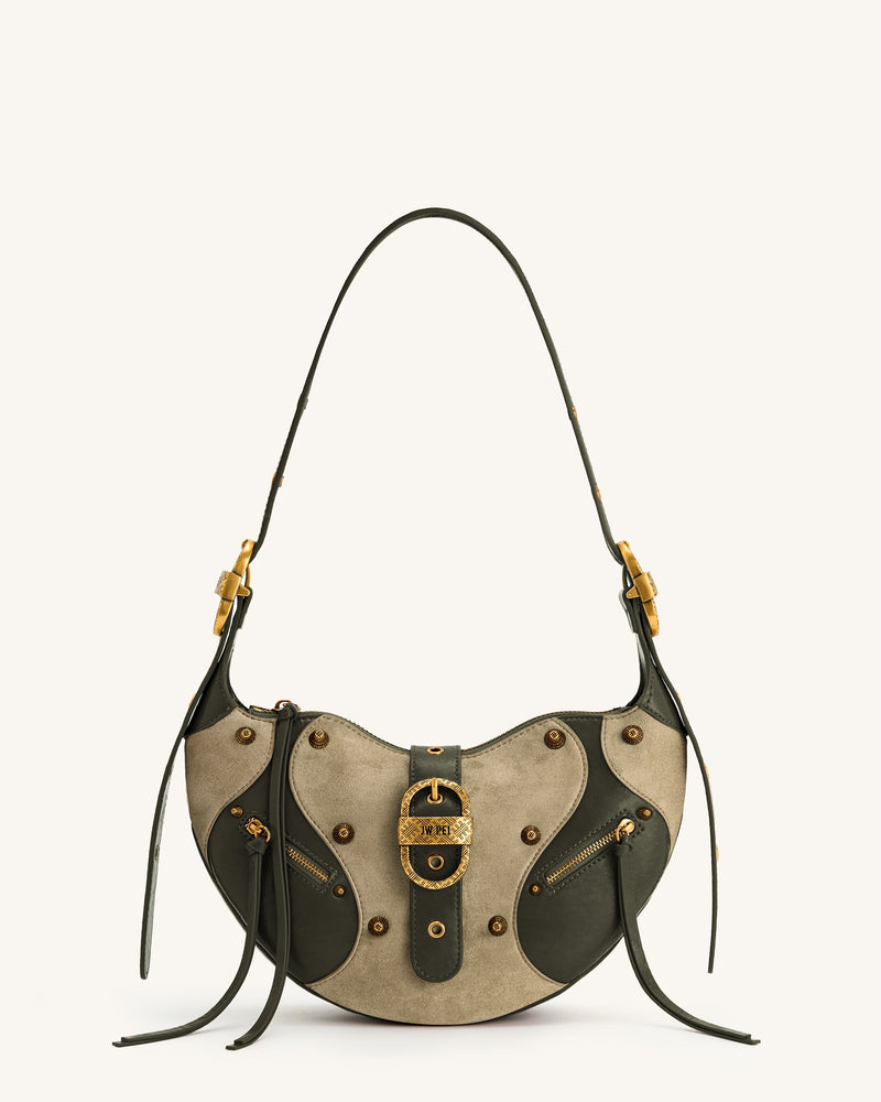 Tessa Faux Suede Studded Shoulder Bag - Khaki Green