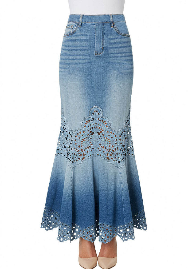 Lace Cutout Denim Skirt – Blue