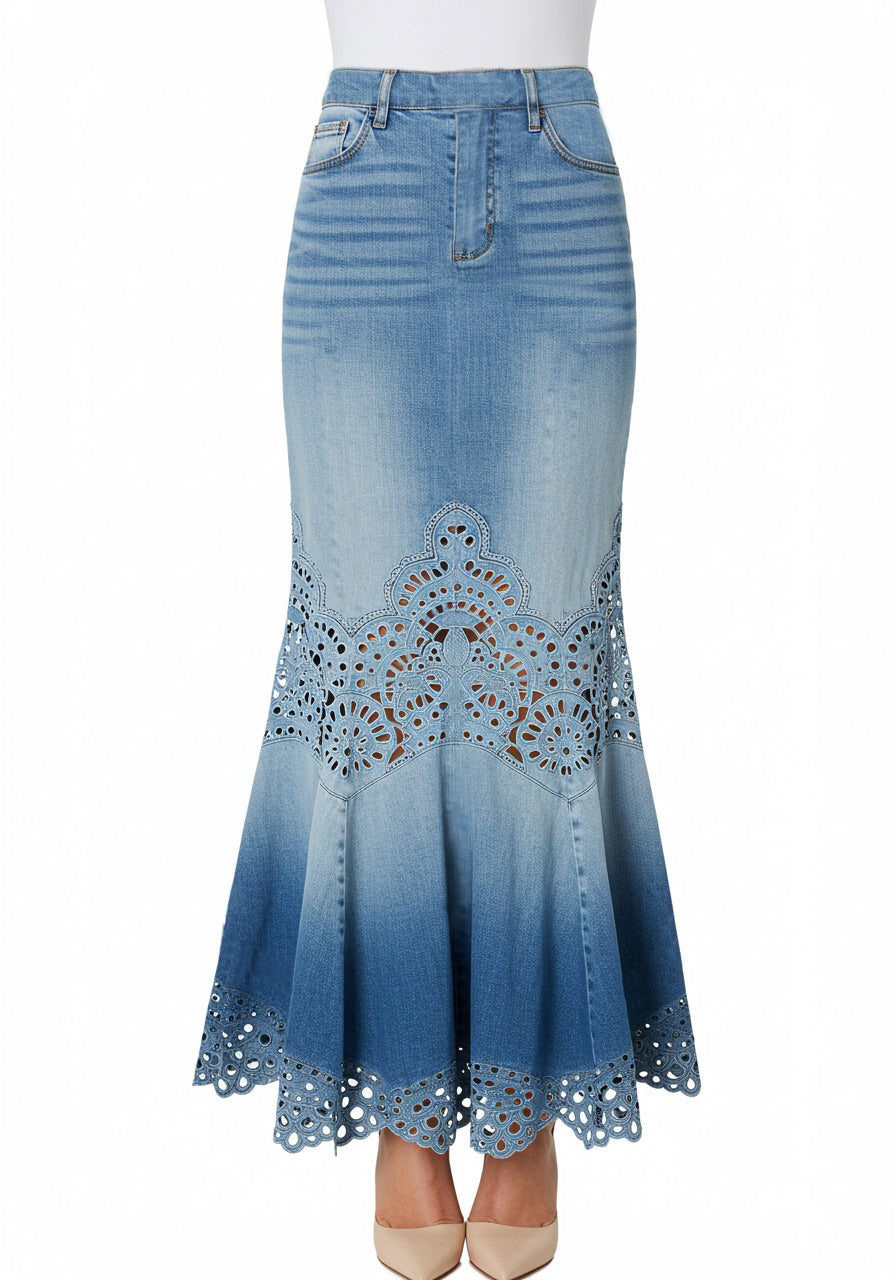 Lace Cutout Denim Skirt – Blue