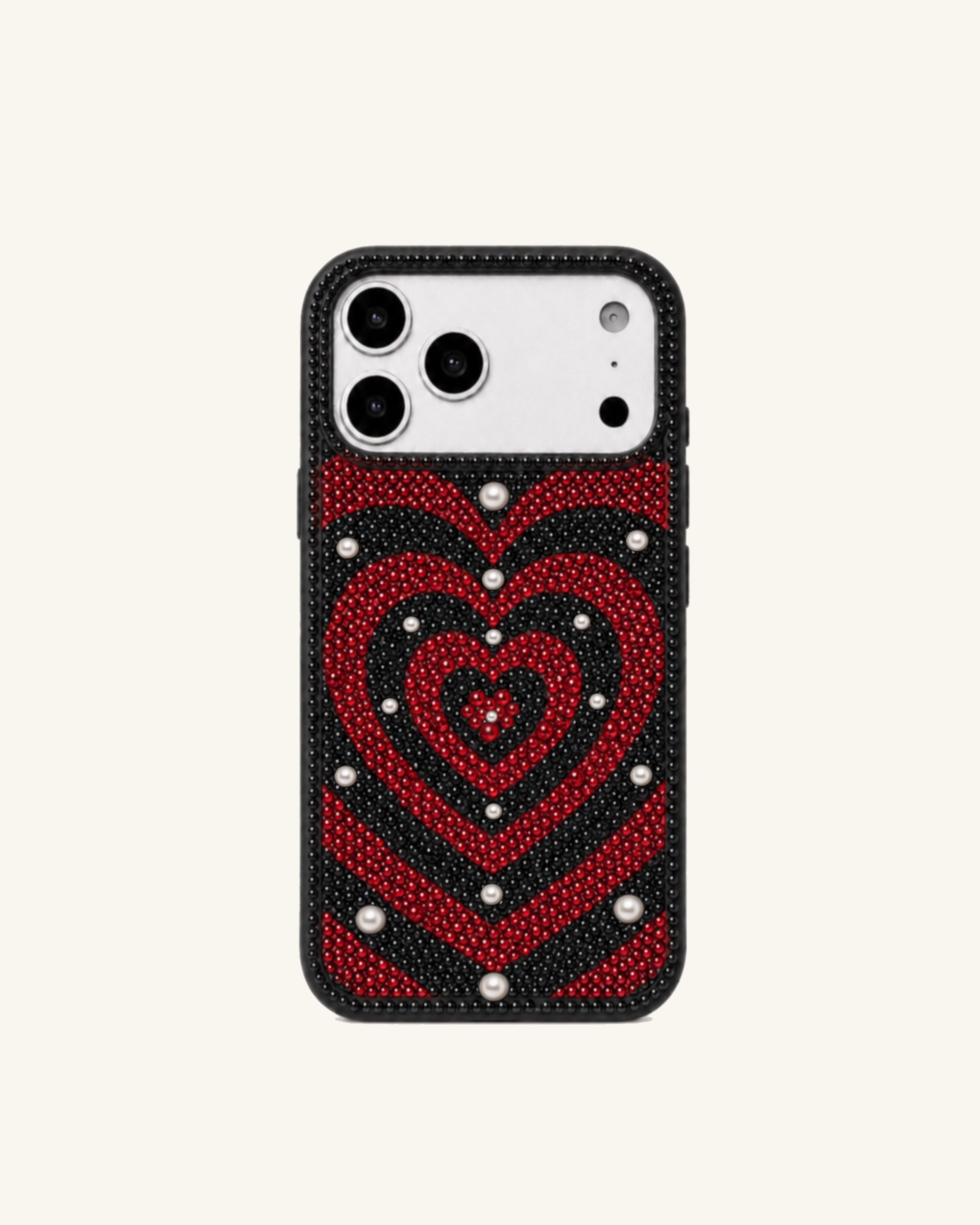 Layered Heart Artificial Crystal Phone Case - Black