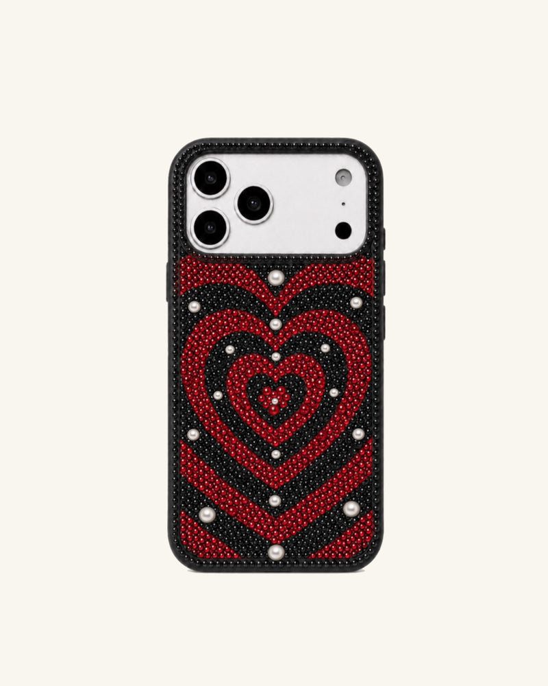 Layered Heart Artificial Crystal Phone Case - Black