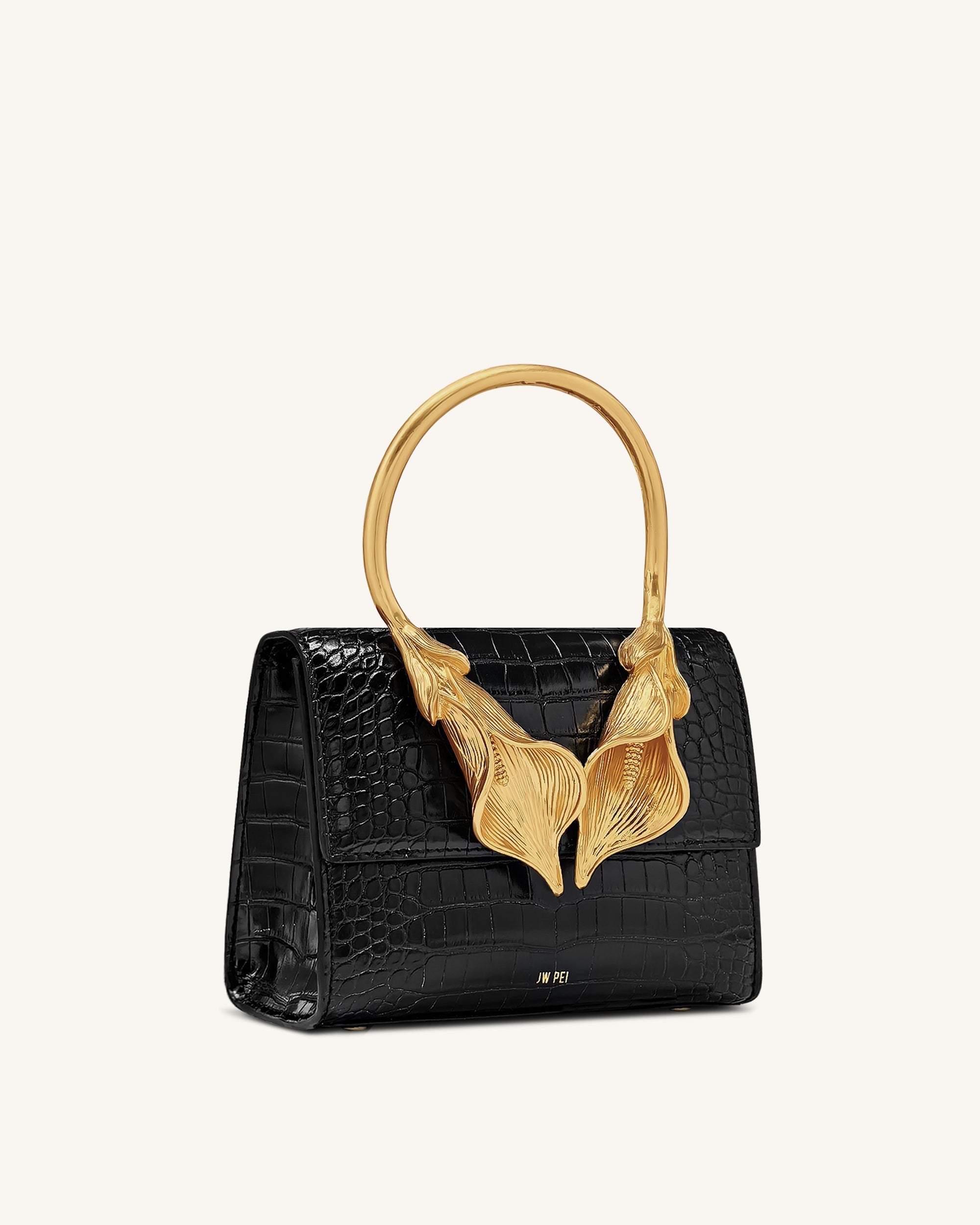 Astrid Calla Lily Metal Handle Top Handle Bag - Black Croc | JW PEI