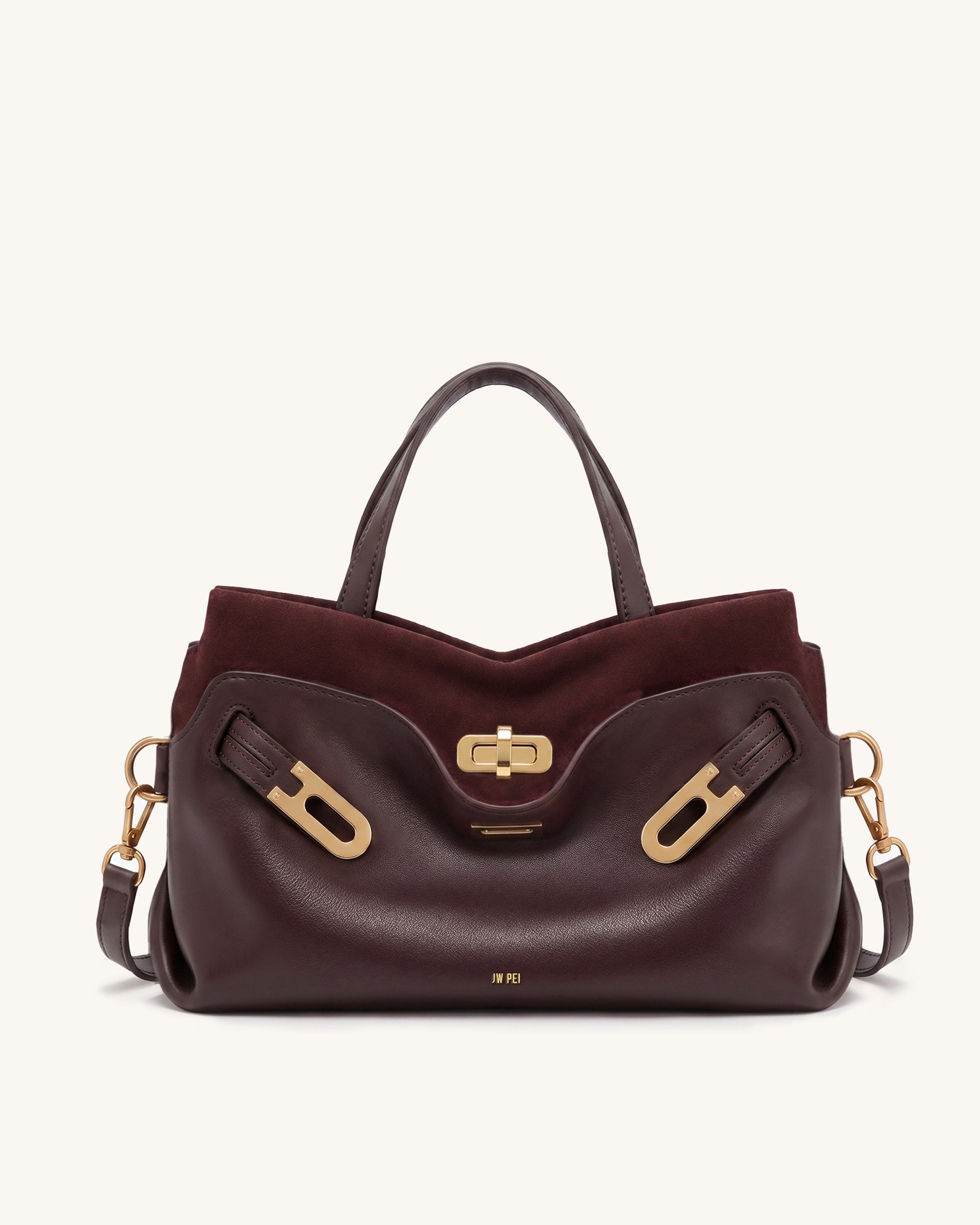 Rhea Double Buckle Faux Suede-Trimmed Tote Bag - Burgundy