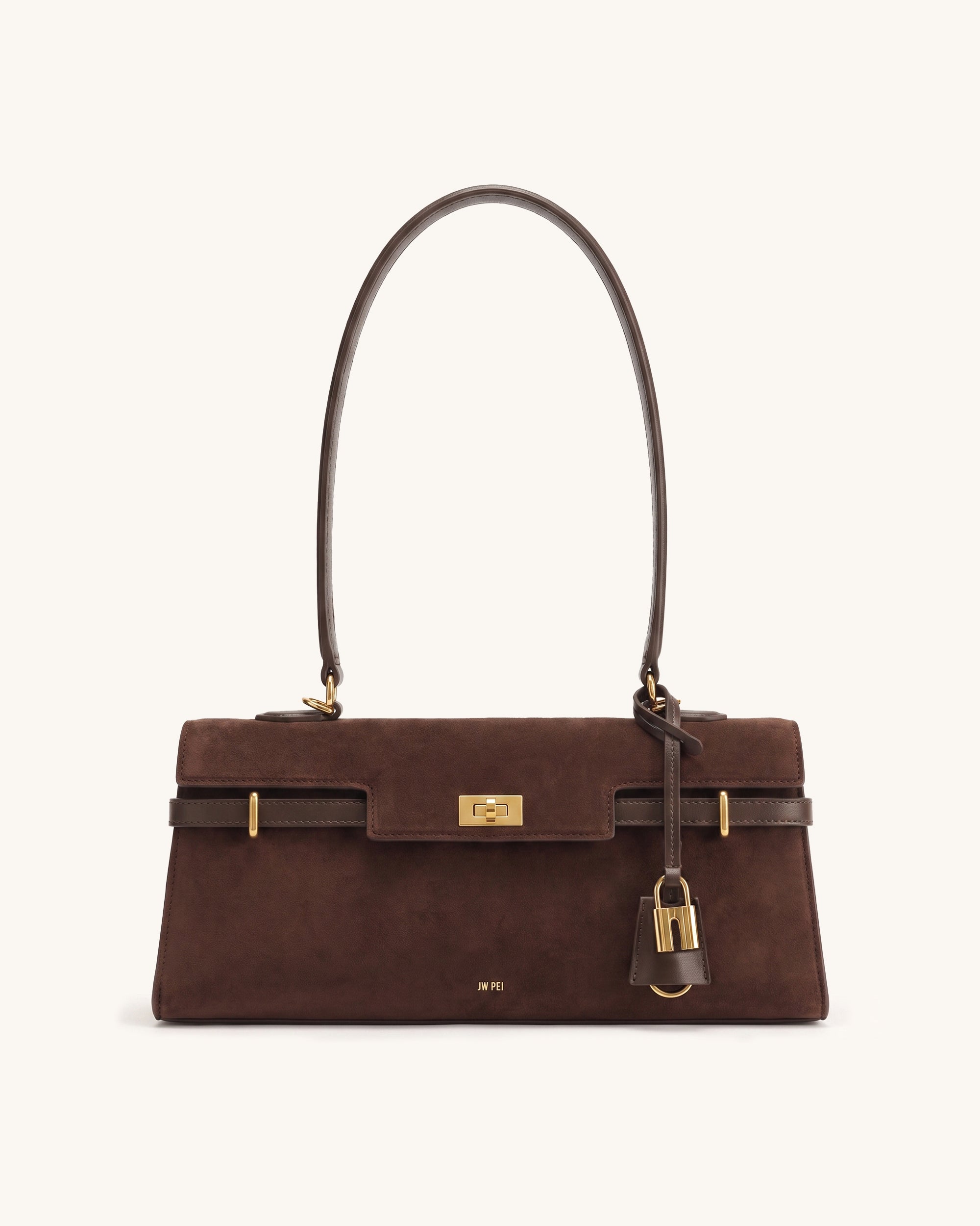 Nerissa Faux Suede Flap East-West Shoulder Bag - Brown