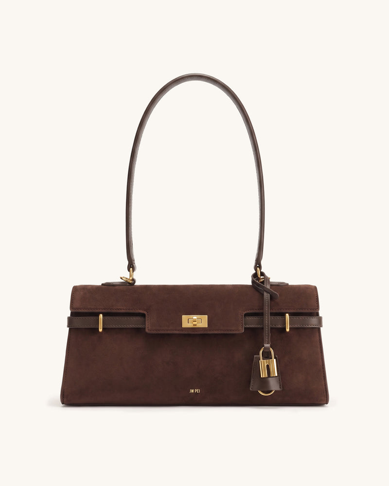 Nerissa Faux Suede Flap East-West Shoulder Bag - Brown