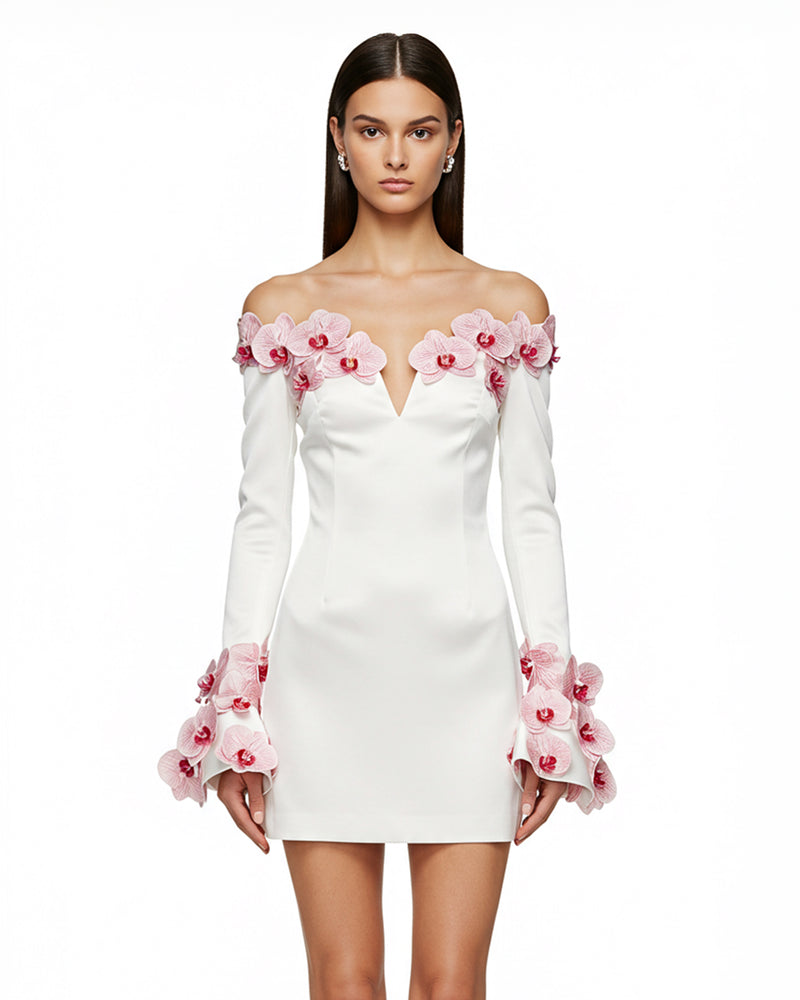 Orchid Embroidery Off Shoulder Mini Dress – White