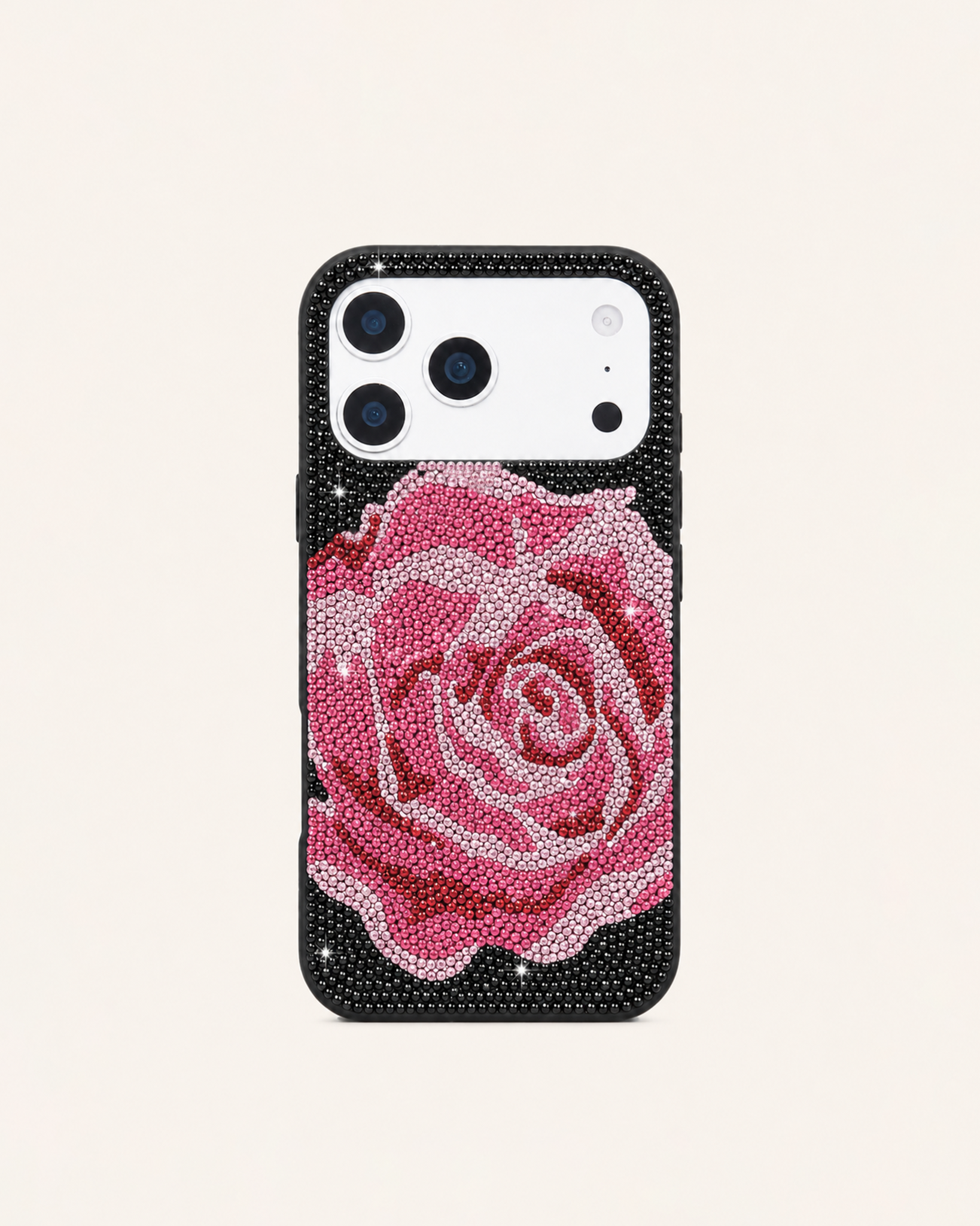 Pink Rose Rhinestone Phone Case – Black