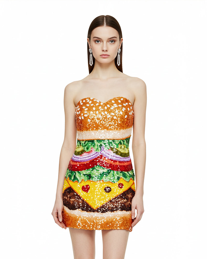 Sequin Hamburger Print Dress – Orange