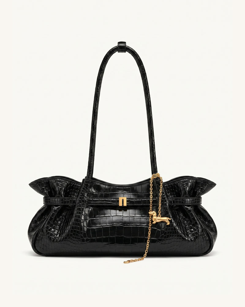 Maeve Dachshund Charm Shoulder Bag - Black Croc