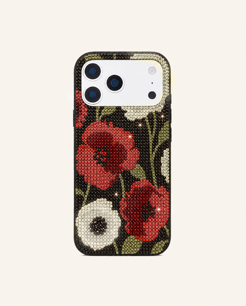 Red Poppy Artificial Crystal Phone Case - Black