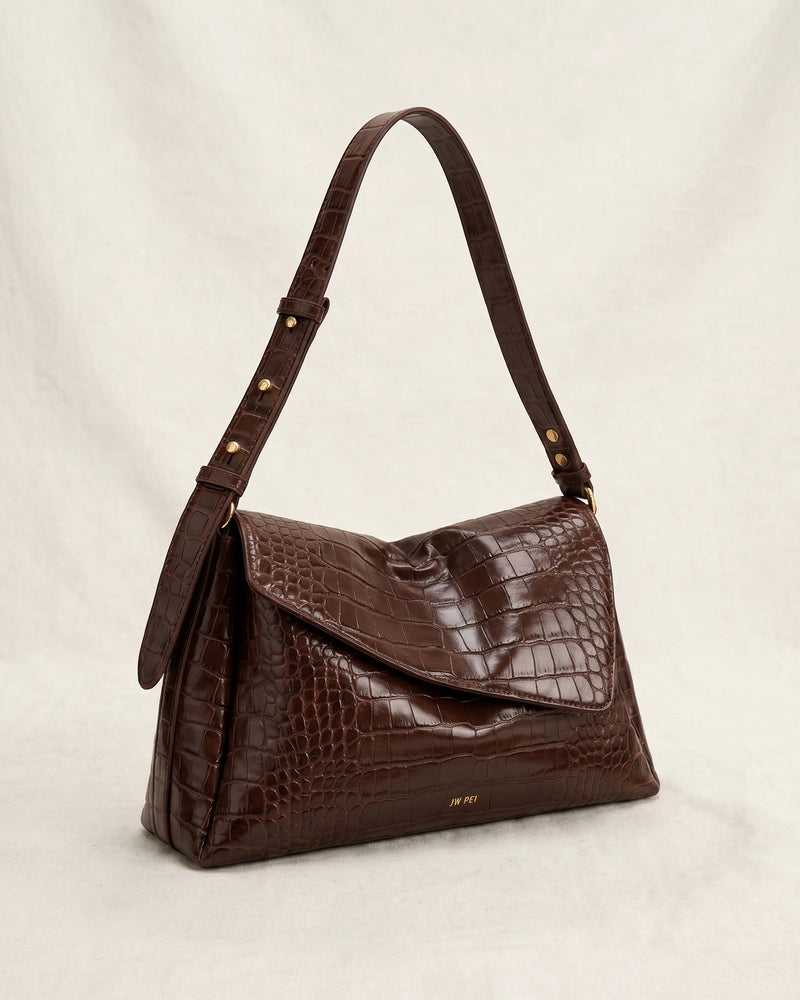 Addisyn Asymmetric Flap Bag – Dark Brown Croc