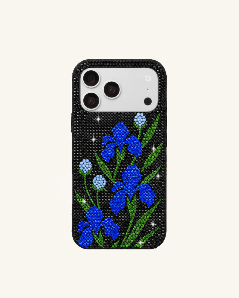 Blue Iris Rhinestone Phone Case – Black