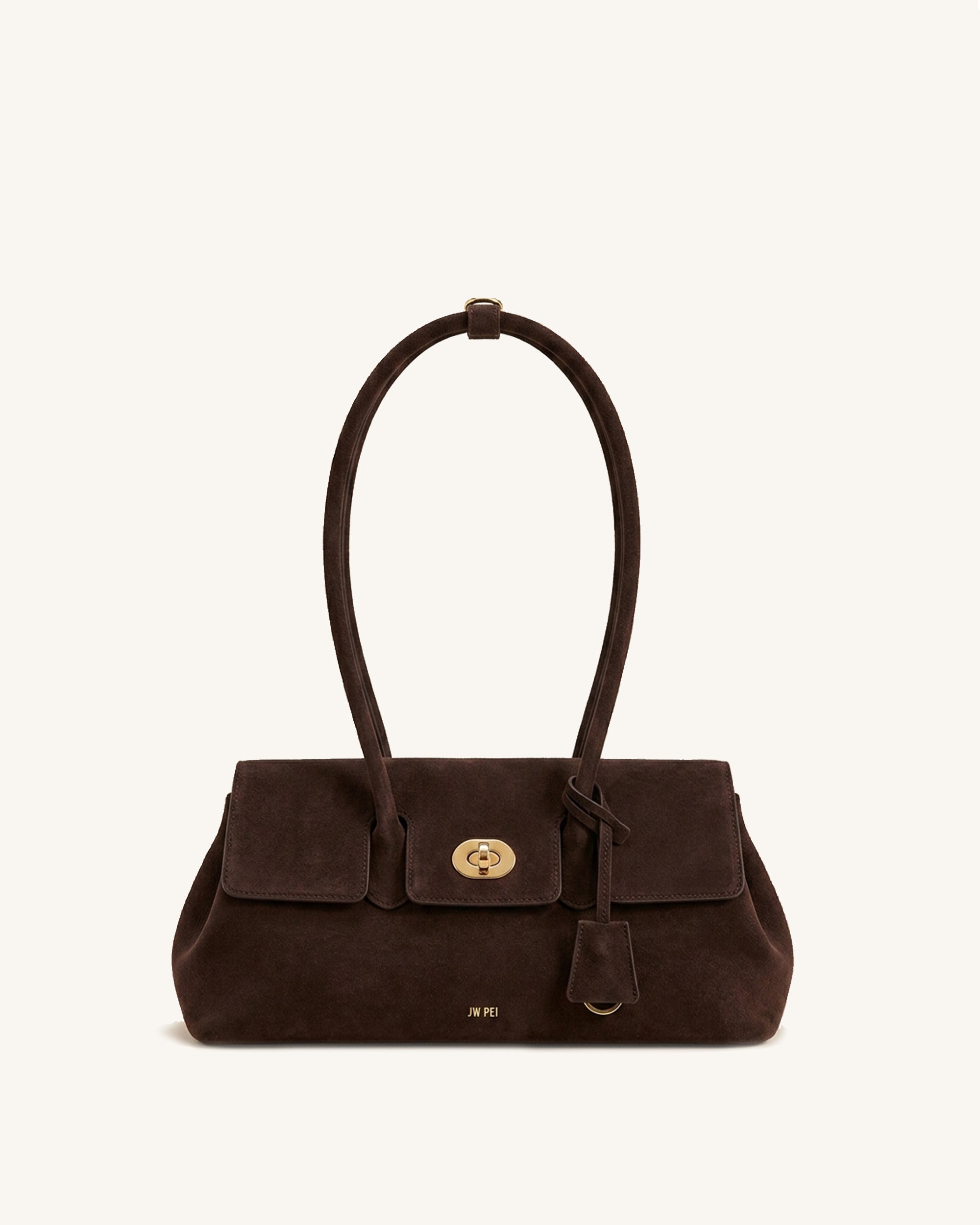 Aster Faux Suede Turn-Lock Shoulder Bag - Dark Brown