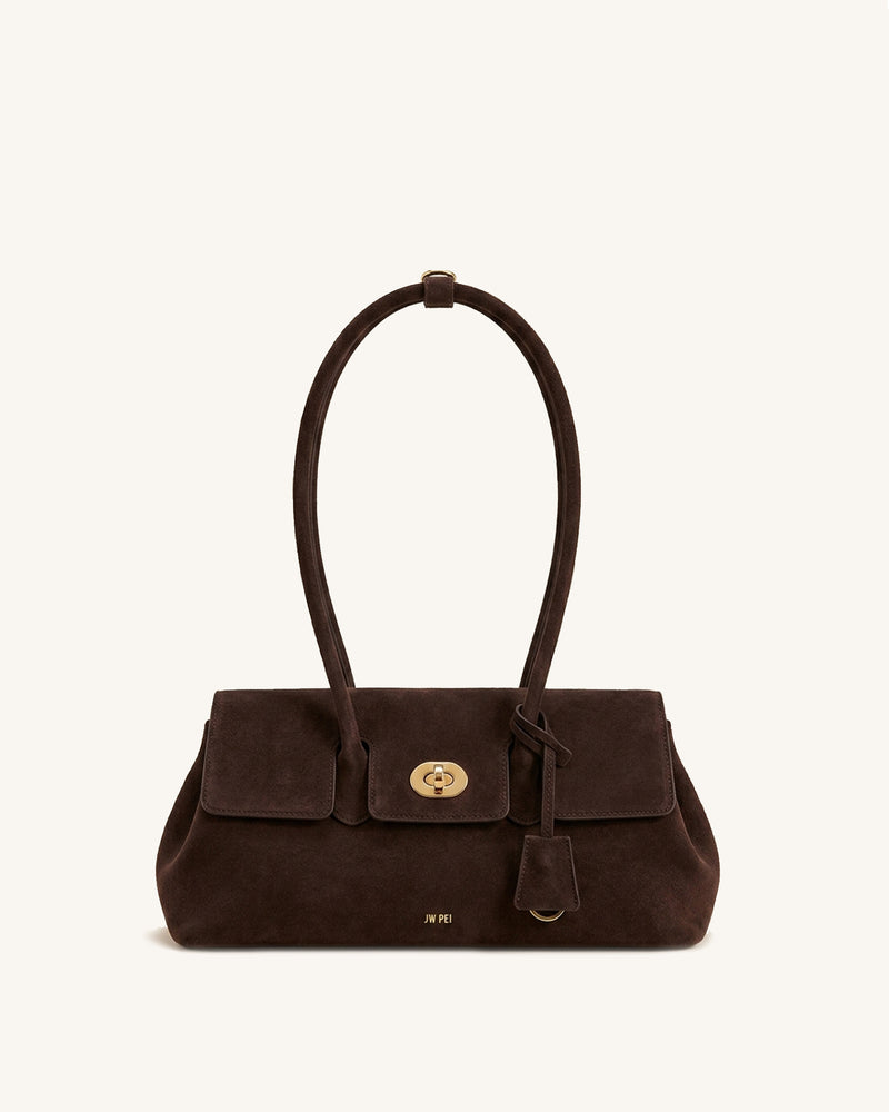 Aster Faux Suede Turn-Lock Shoulder Bag - Dark Brown