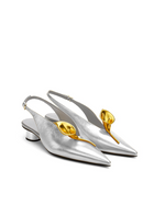 Lila Metallic Flower Slingbacks – Silver