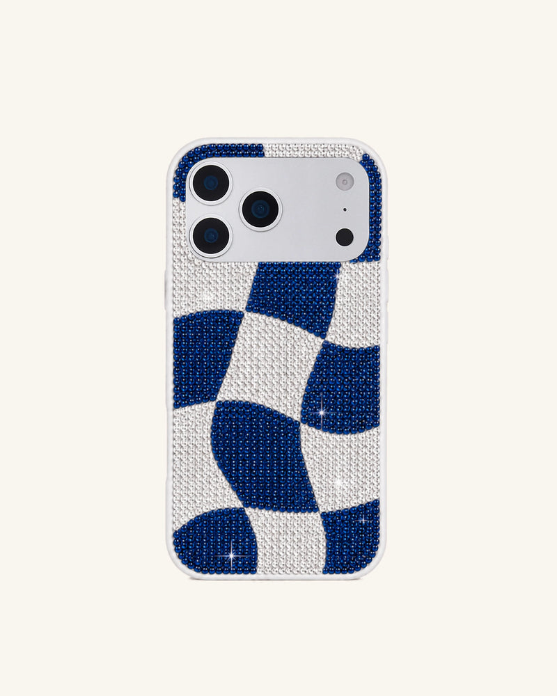 Blue Wavy Checkered Rhinestone Phone Case – White