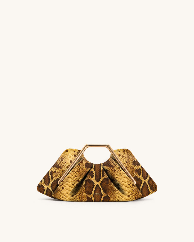 Lila Faux Snake-Effect Metal Frame Clutch - Brown