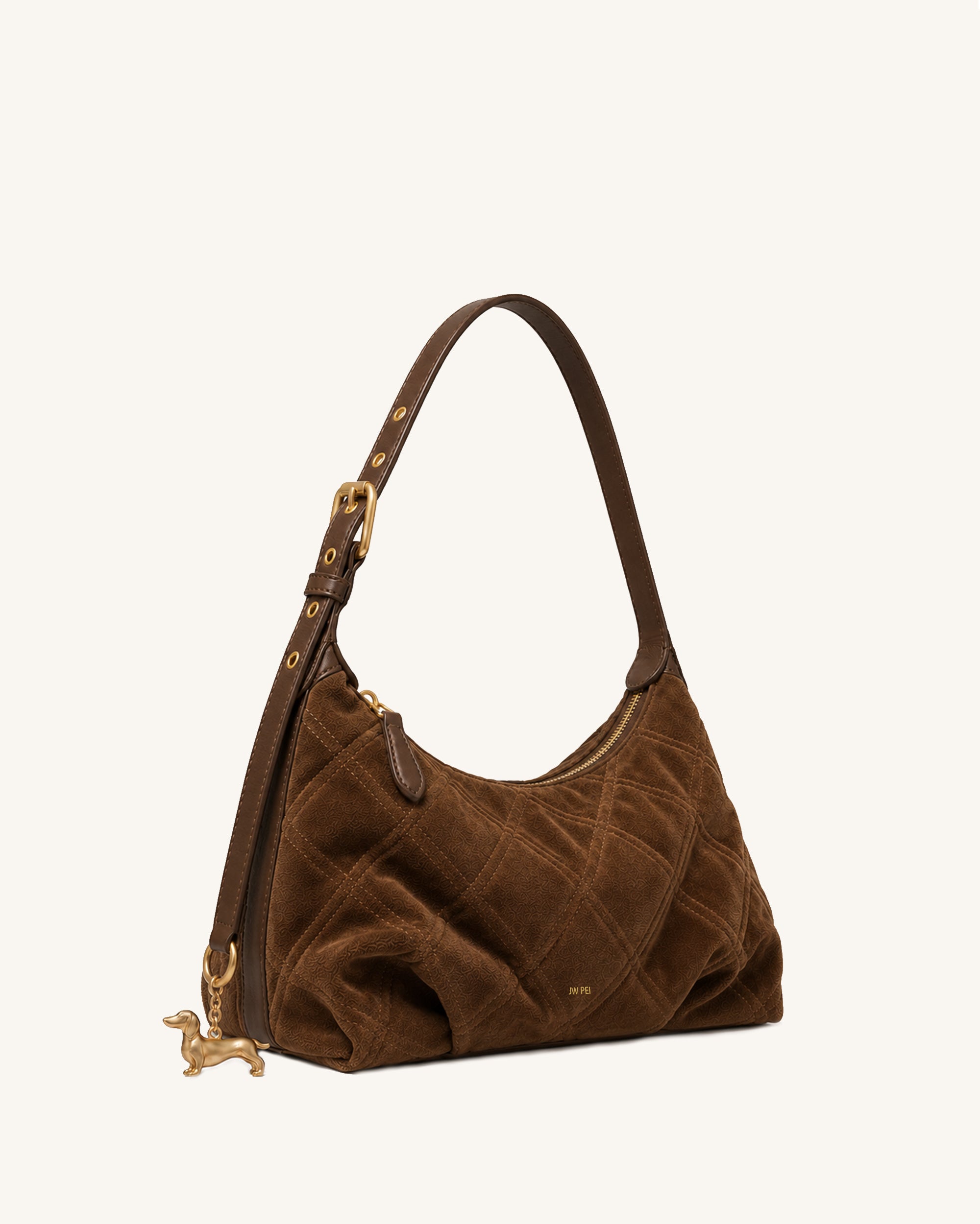 Riley Dachshund Charm Quilted Faux Suede Hobo Bag - Brown
