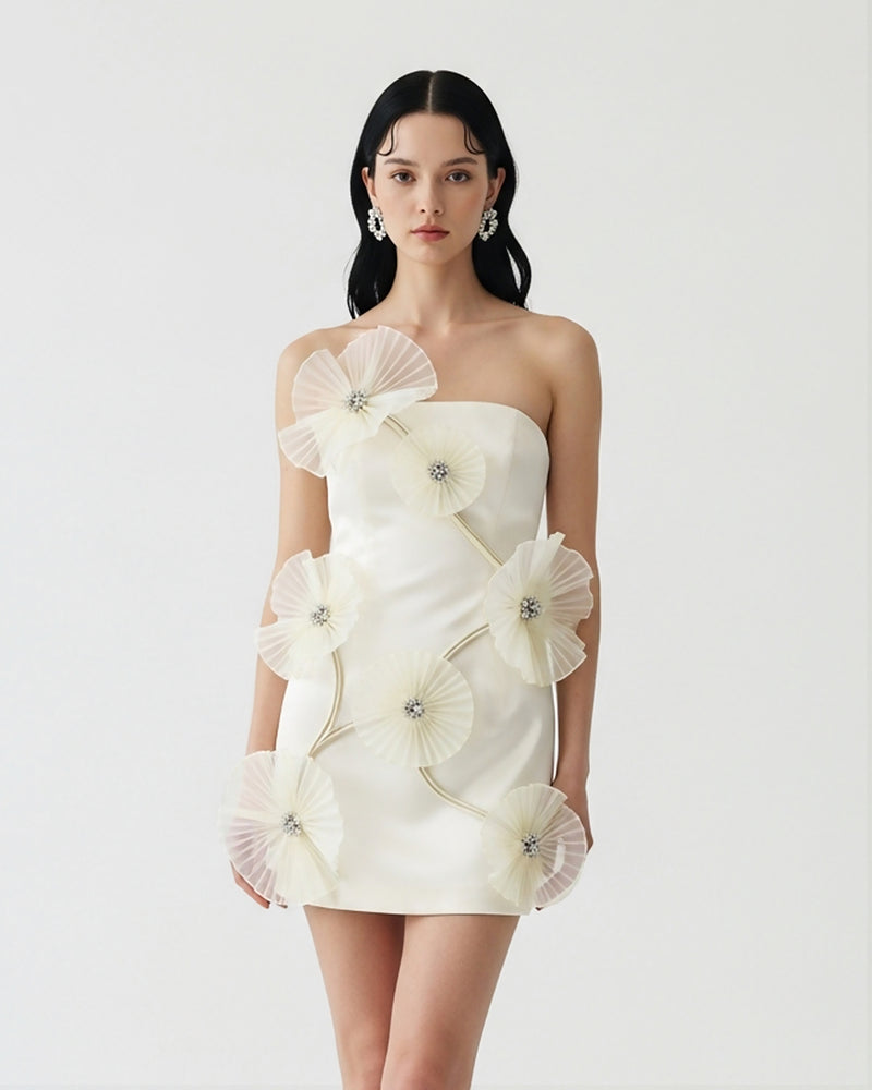 Strapless Pleated Floral Mini Dress – White