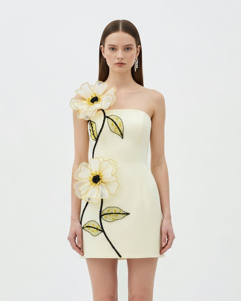 Floral Appliqué Strapless Dress – White