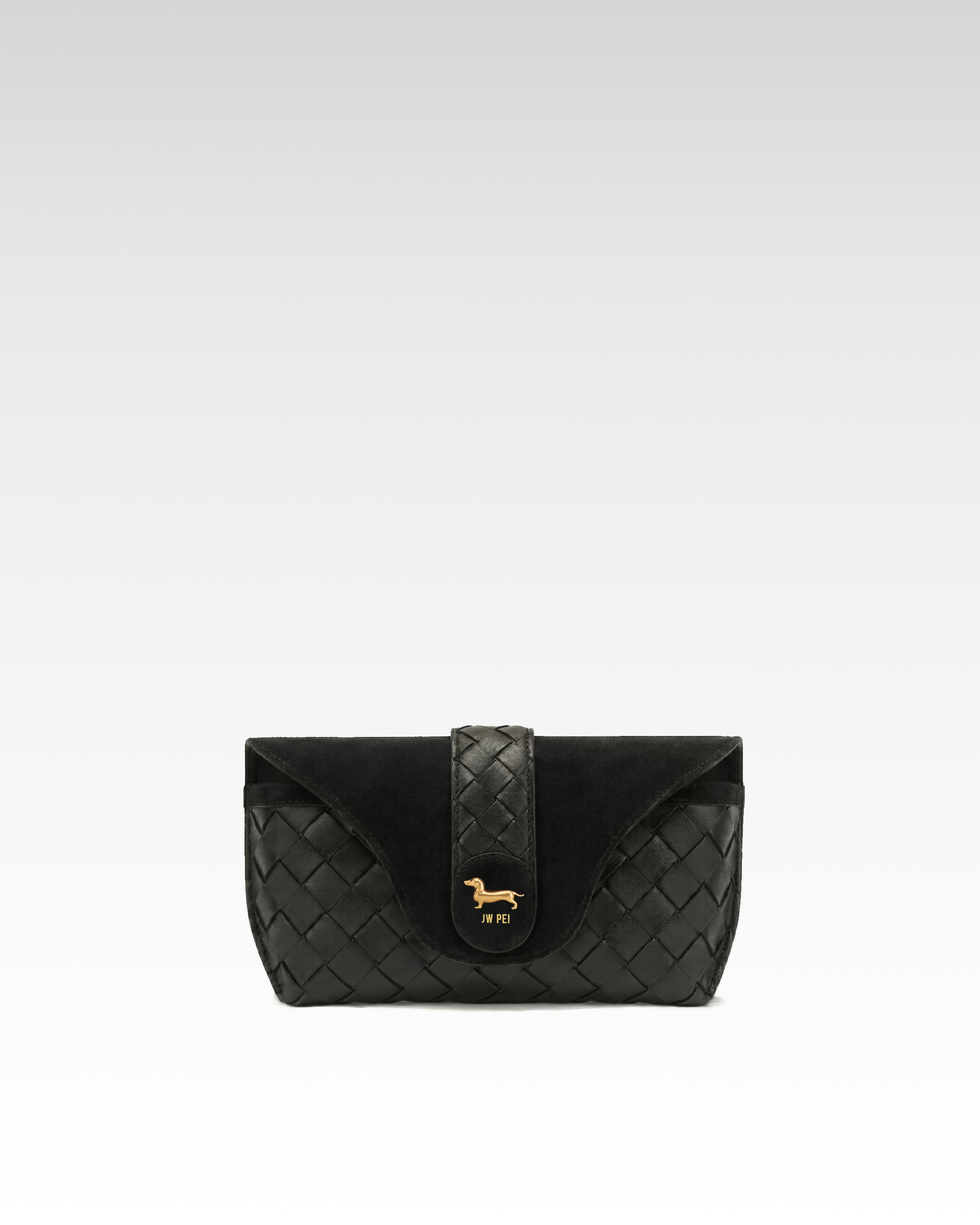 Maeve Dachshund Emblem Woven Faux Suede Flap Wallet - Black