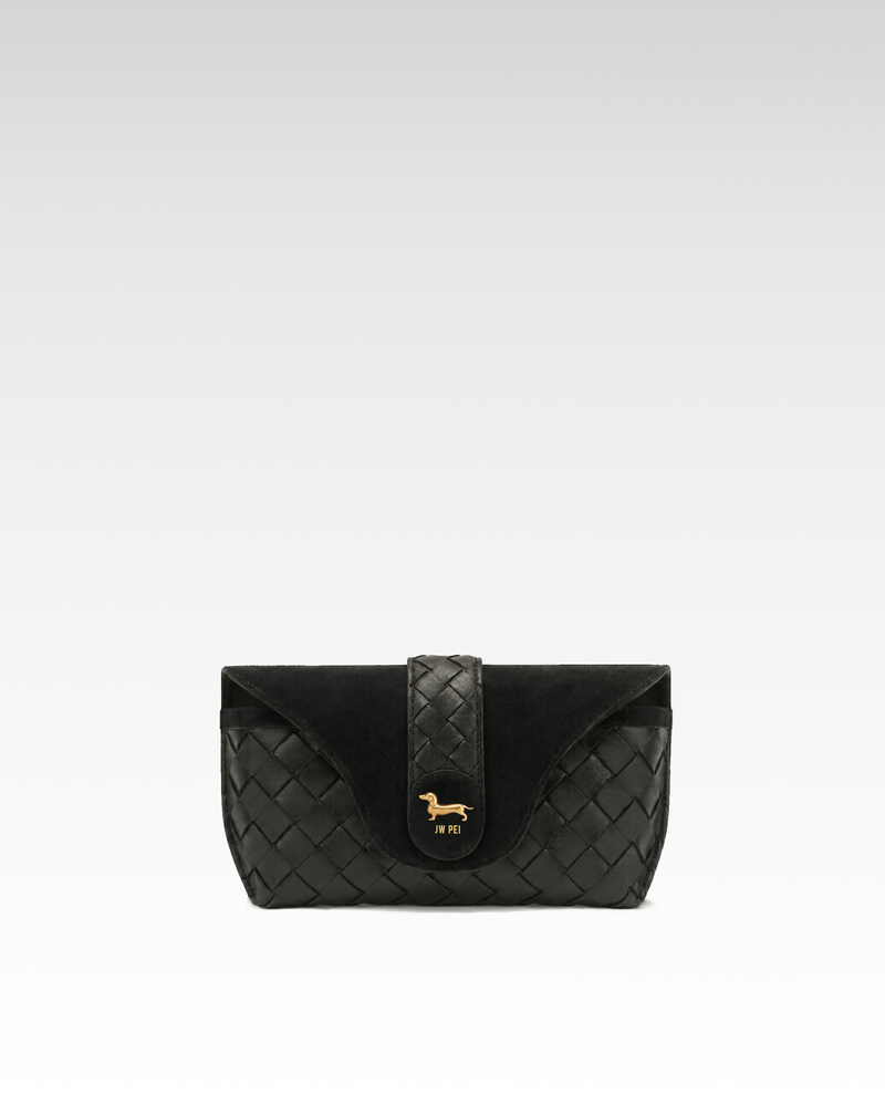 Maeve Dachshund Emblem Woven Faux Suede Glasses Case - Black