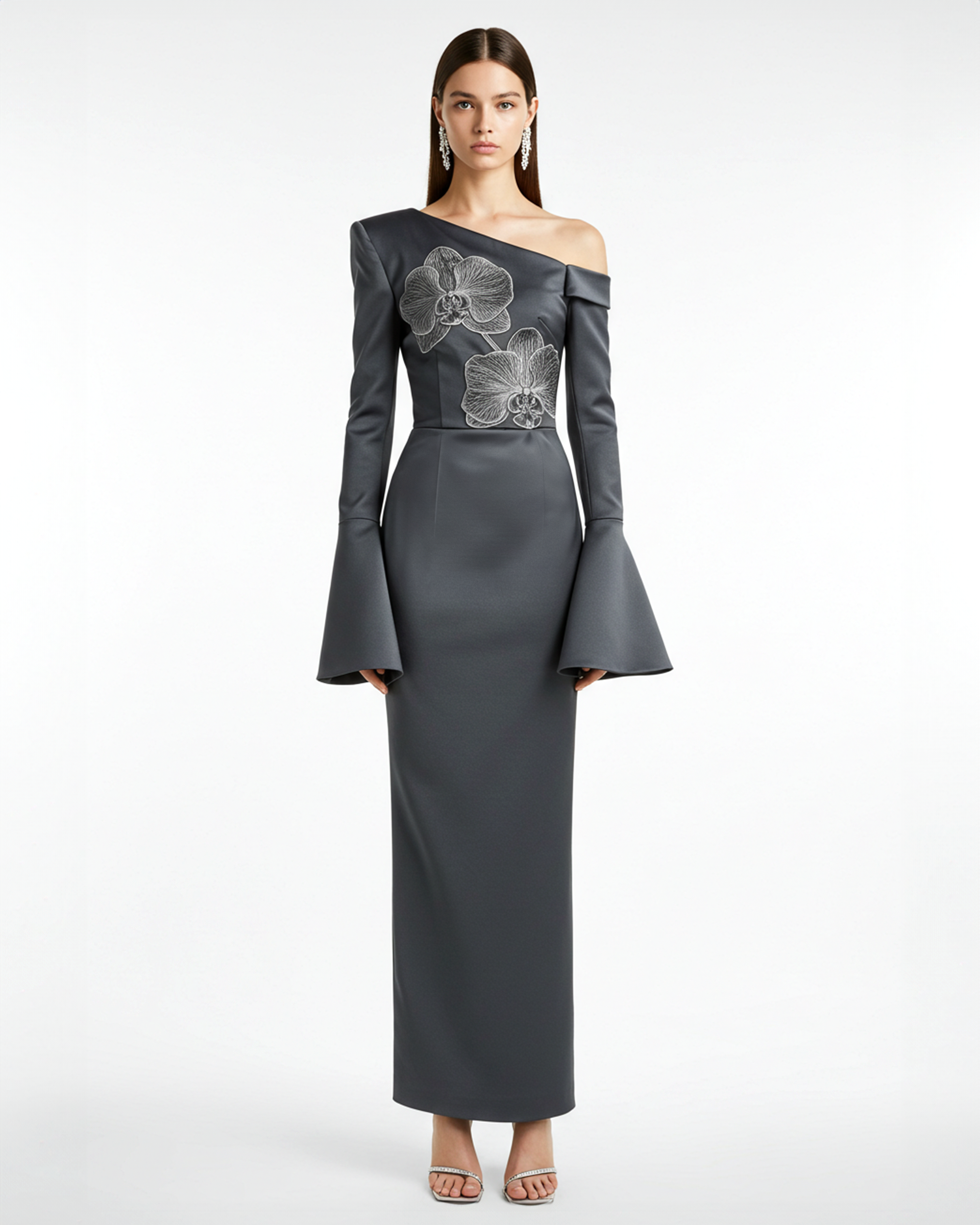 Orchid Embroidered Appliqué Asymmetric Dress – Grey