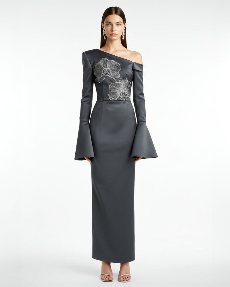 Orchid Embroidered Appliqué Asymmetric Dress – Grey