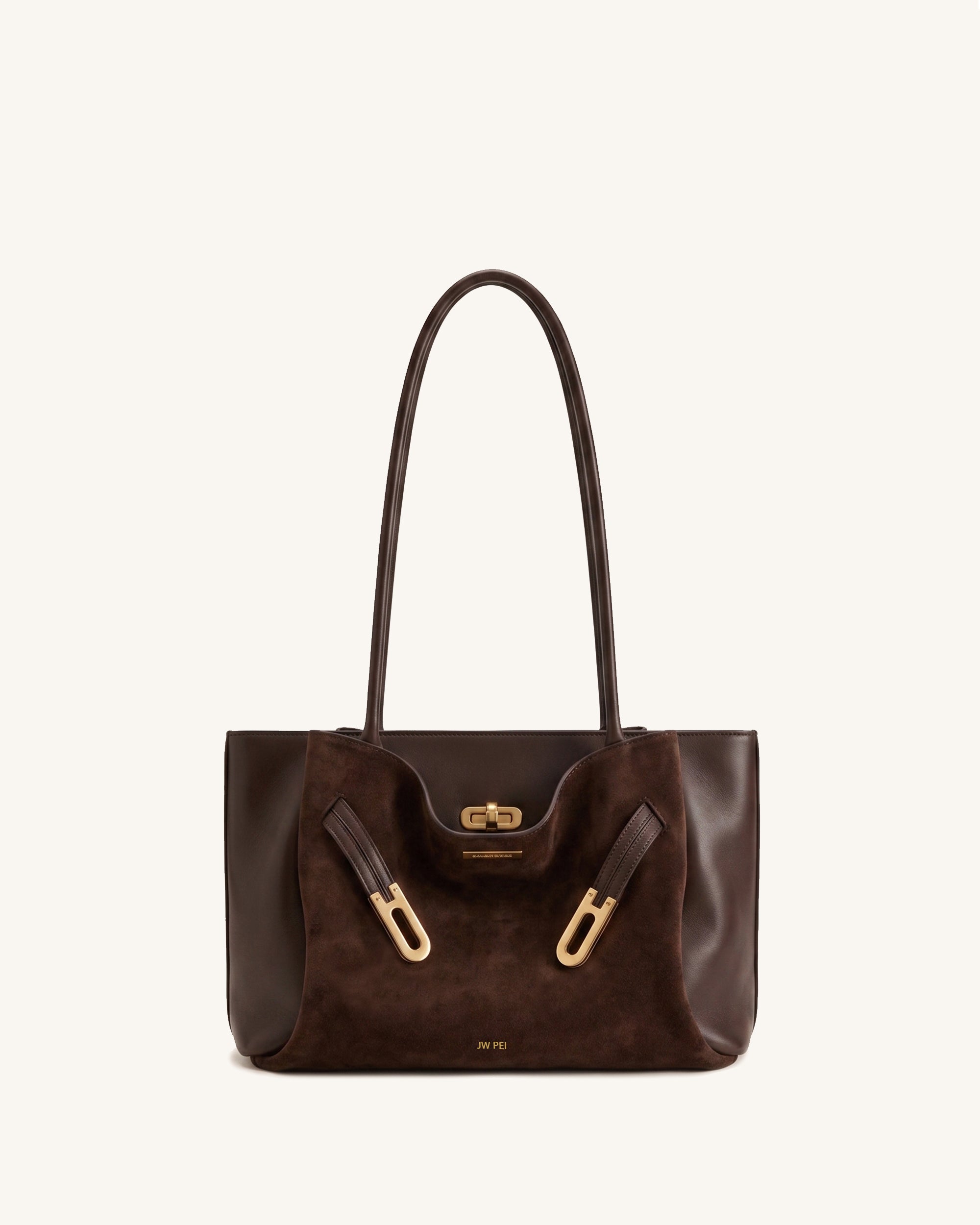 Rhea Faux Suede Panel Buckle Tote Bag – Dark Brown