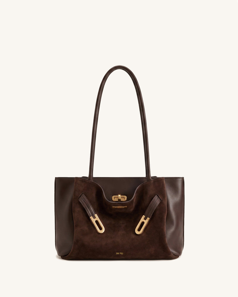 Rhea Faux Suede Panel Buckle Tote Bag – Dark Brown