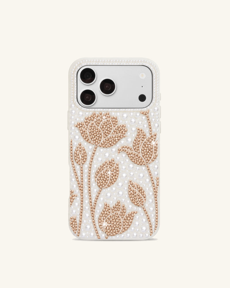 Pearl Floral Artificial Crystal Phone Case – White