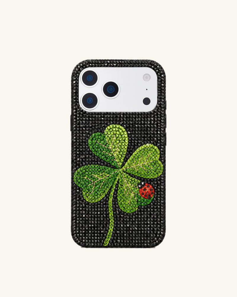 Four-Leaf Clover Ladybug Artificial Crystal Phone Case - Black