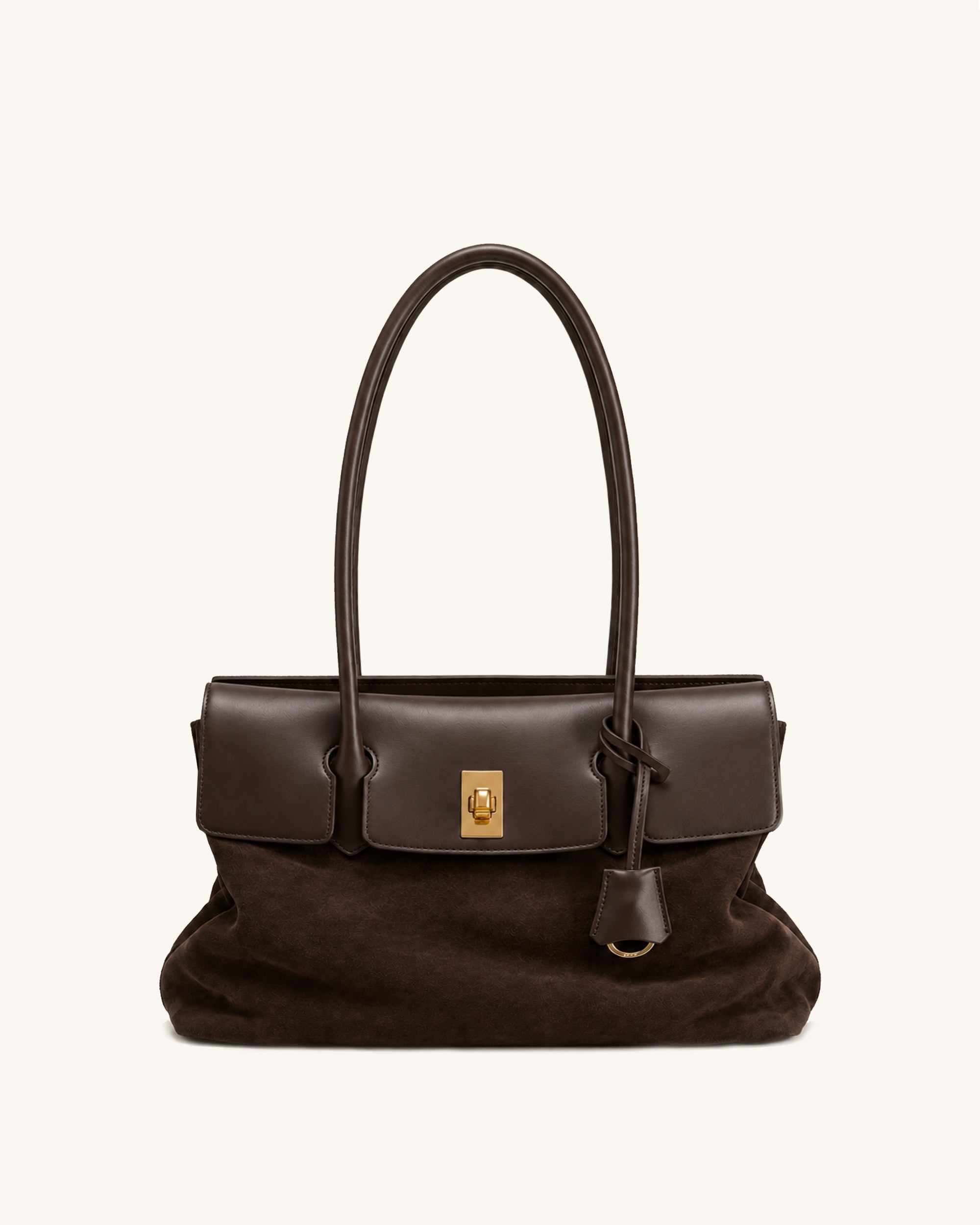 Amelie Faux Suede Turn-Lock Shoulder Bag - Dark Brown