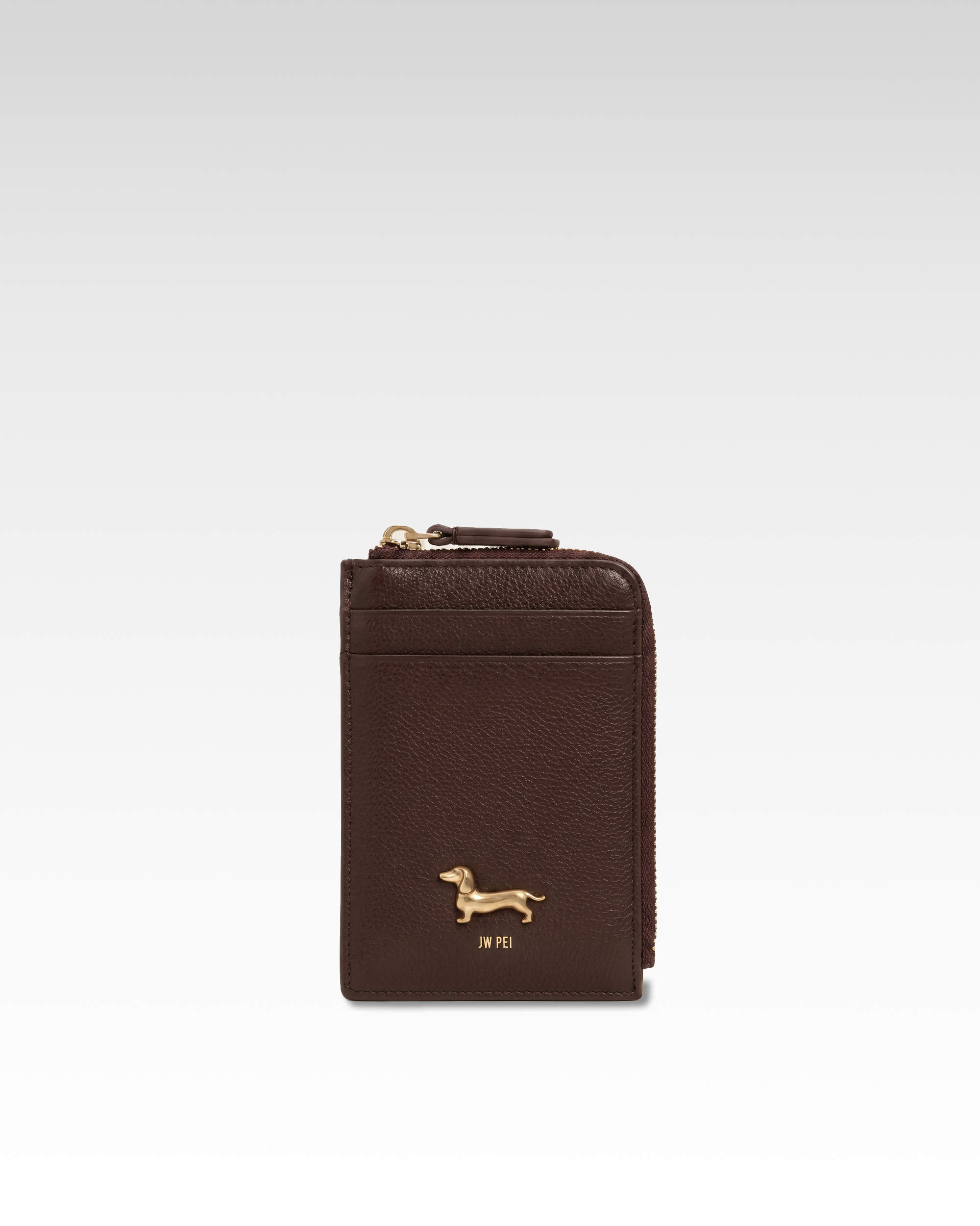 Maeve Dachshund Emblem Zip Card Holder - Dark Brown
