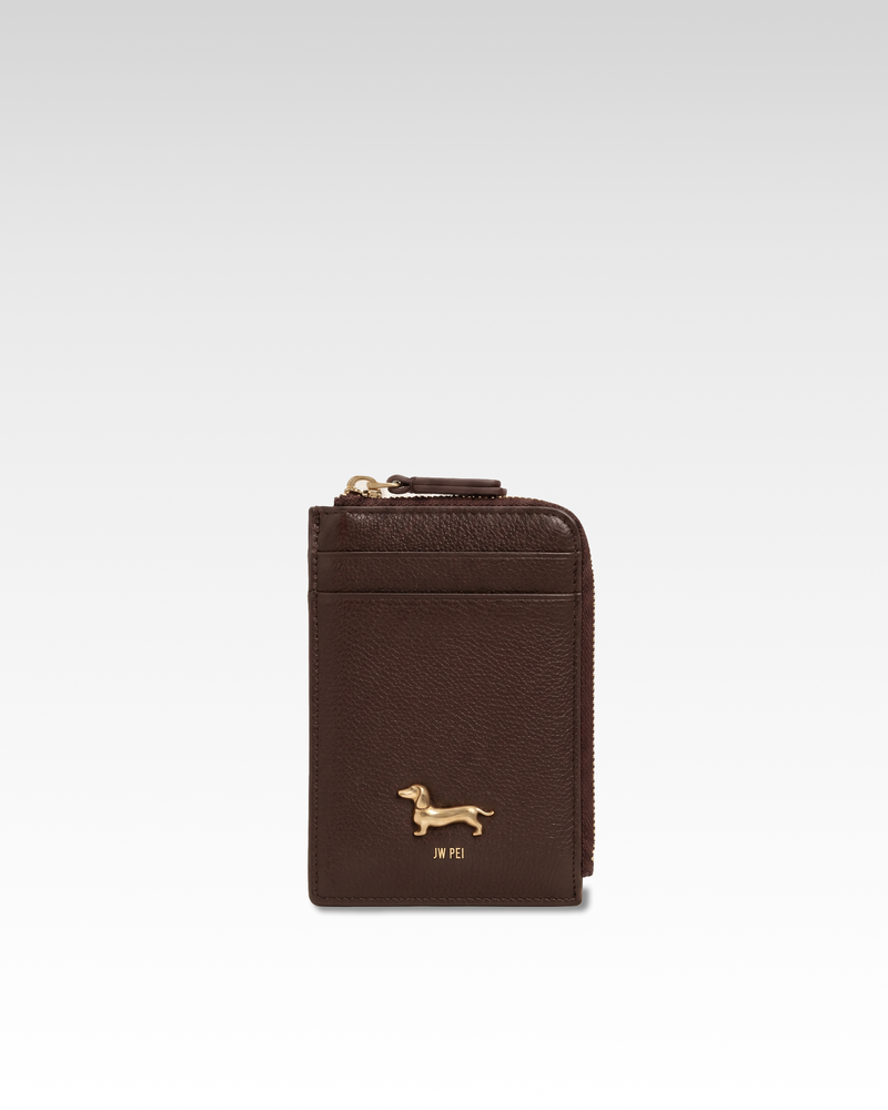 Maeve Dachshund Emblem Zip Card Holder - Dark Brown
