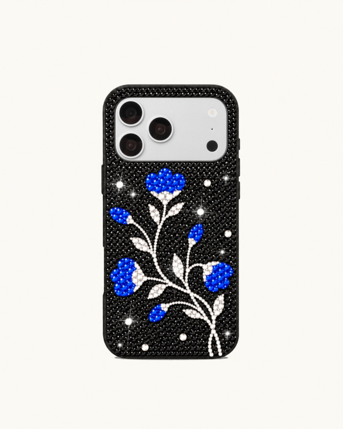 Blue Floral Artificial Crystal Phone Case – Black