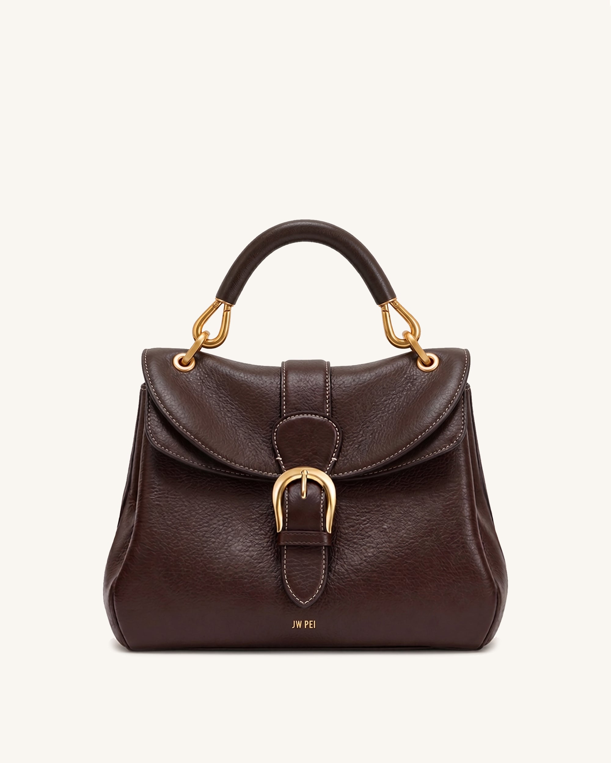 Estelle Pebbled Buckle Flap Top Handle Bag - Dark Brown