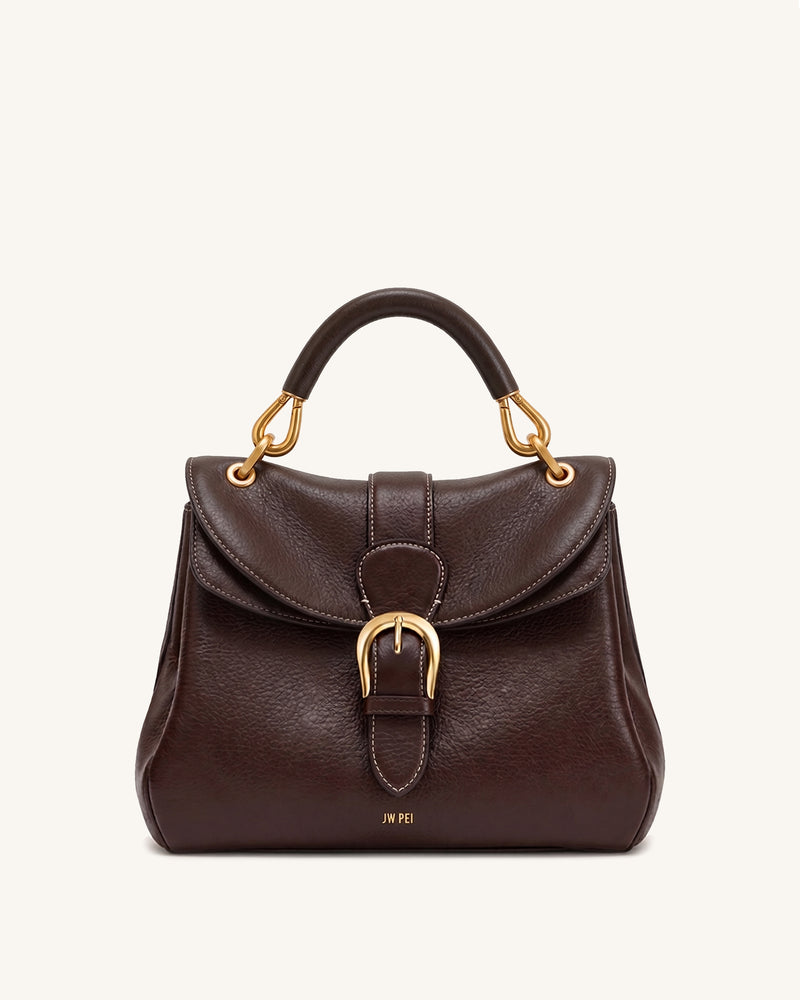 Estelle Pebbled Buckle Flap Top Handle Bag - Dark Brown