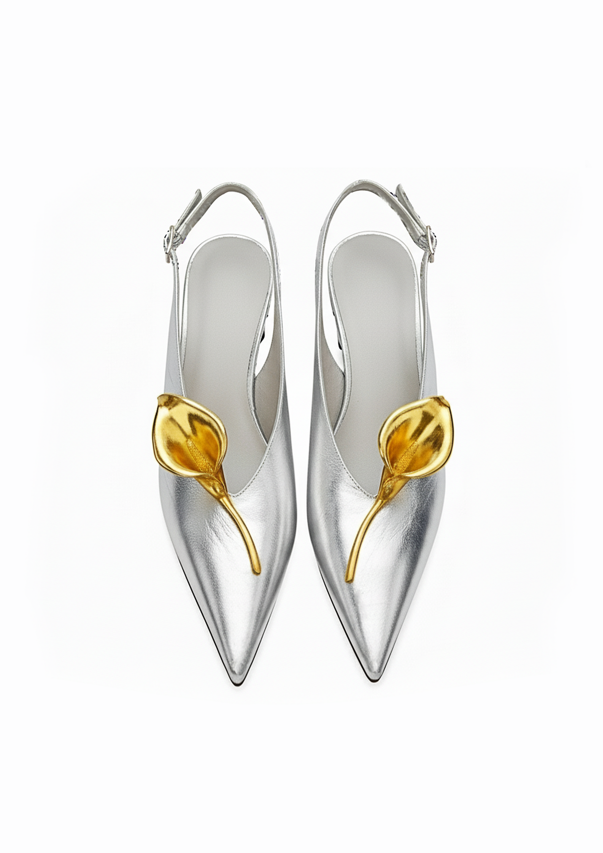 Lila Metallic Flower Slingbacks – Silver