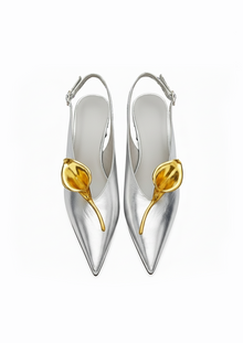 Lila Metallic Flower Slingbacks – Silver