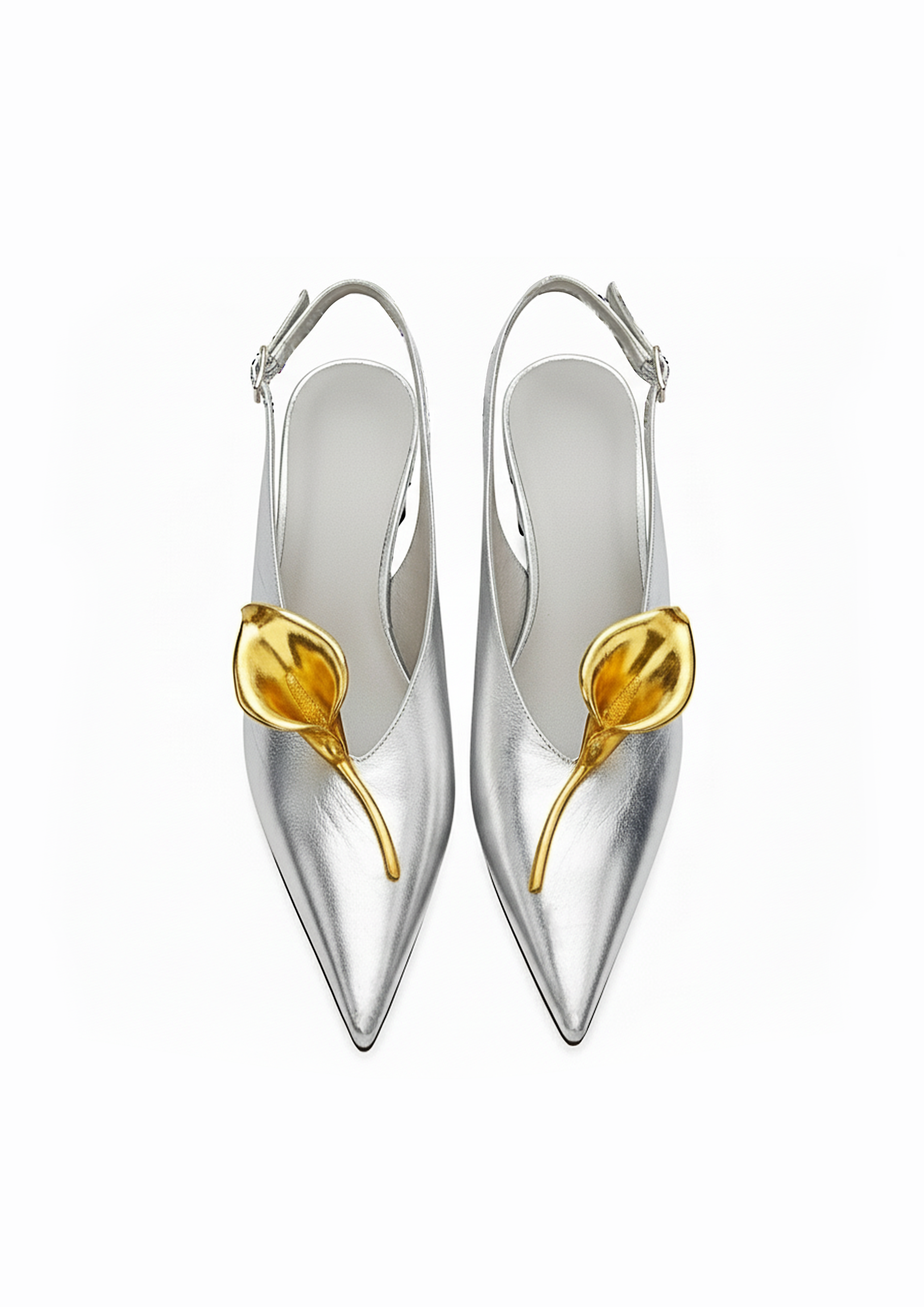 Lila Metallic Flower Slingbacks – Silver