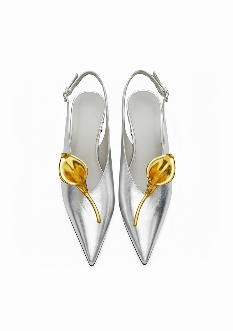 Lila Metallic Flower Slingbacks – Silver