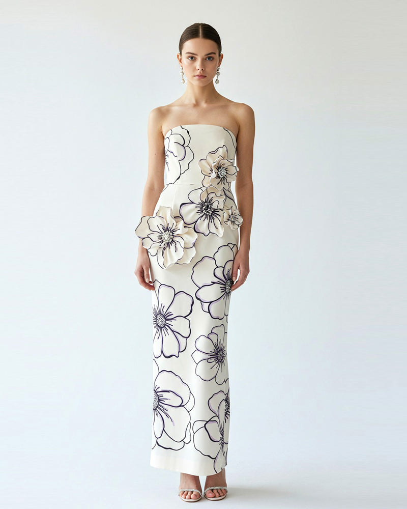 Floral Appliqué Strapless Gown – Ivory