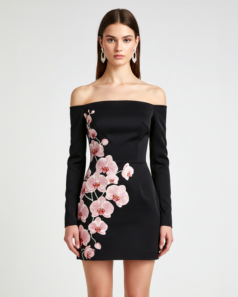 Orchid Floral Appliqué Off-Shoulder Mini Dress - Black