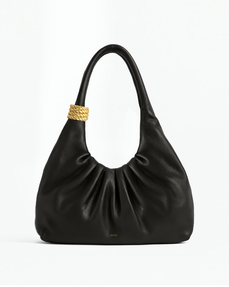 Mia Ruched Leather Shoulder Bag - Black