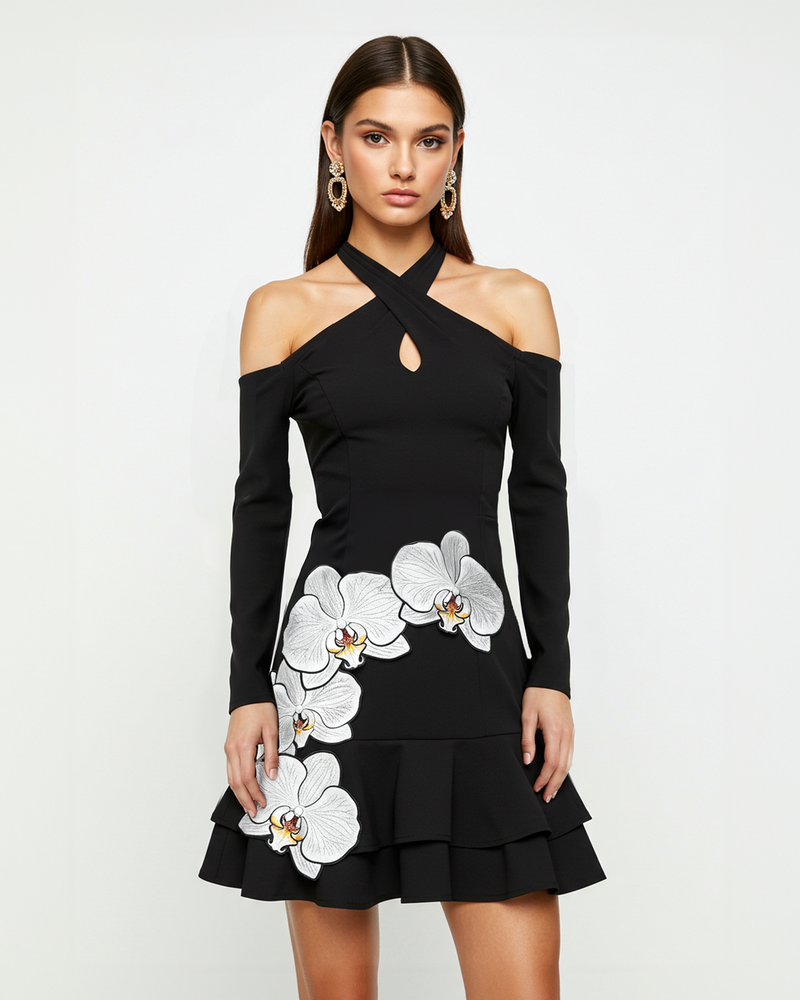 Orchid Appliqué Mini Dress – Black