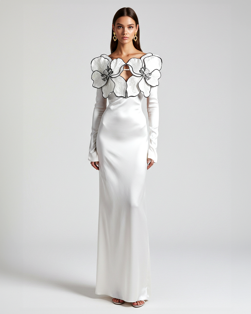 Orchid Embroidered Appliqué Long Dress – White