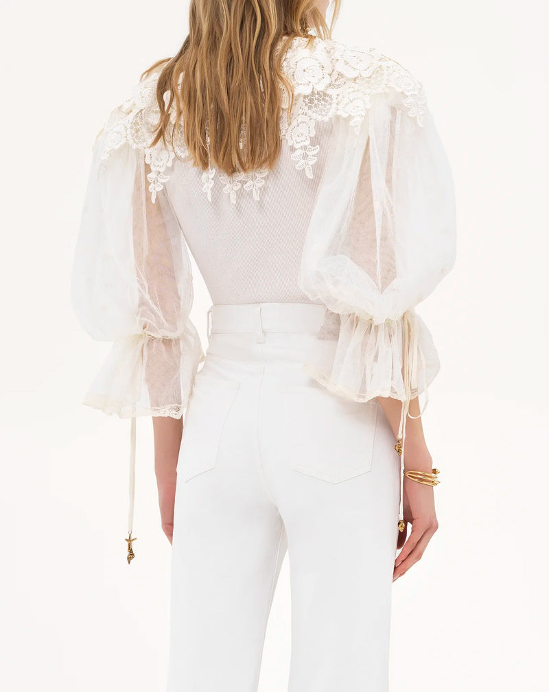 Floral Lace Puff Sleeve Bodysuit – White