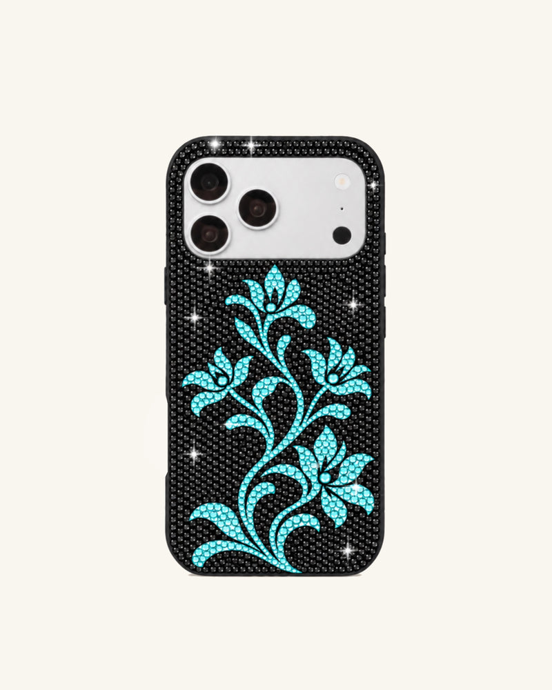 Blue Artificial Crystal Floral Phone Case – Black