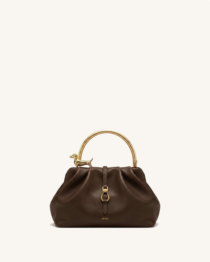 Bruna Dachshund Metal Handle Ruched Bag – Dark Brown